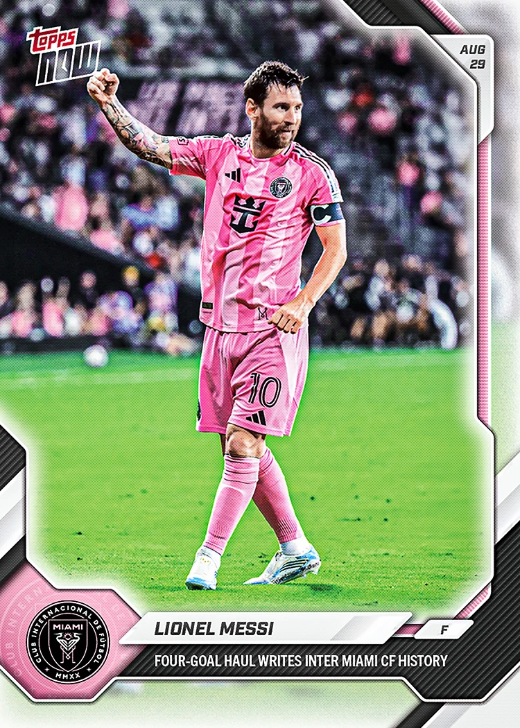 Lionel Messi 2026 Topps NOW MLS card #70 commemorating his four goals for Inter Miami against CF Montréal.