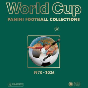Portada verde del libro World Cup: Panini Football Collections 1970–2026, con letras doradas y una ilustración de un futbolista.